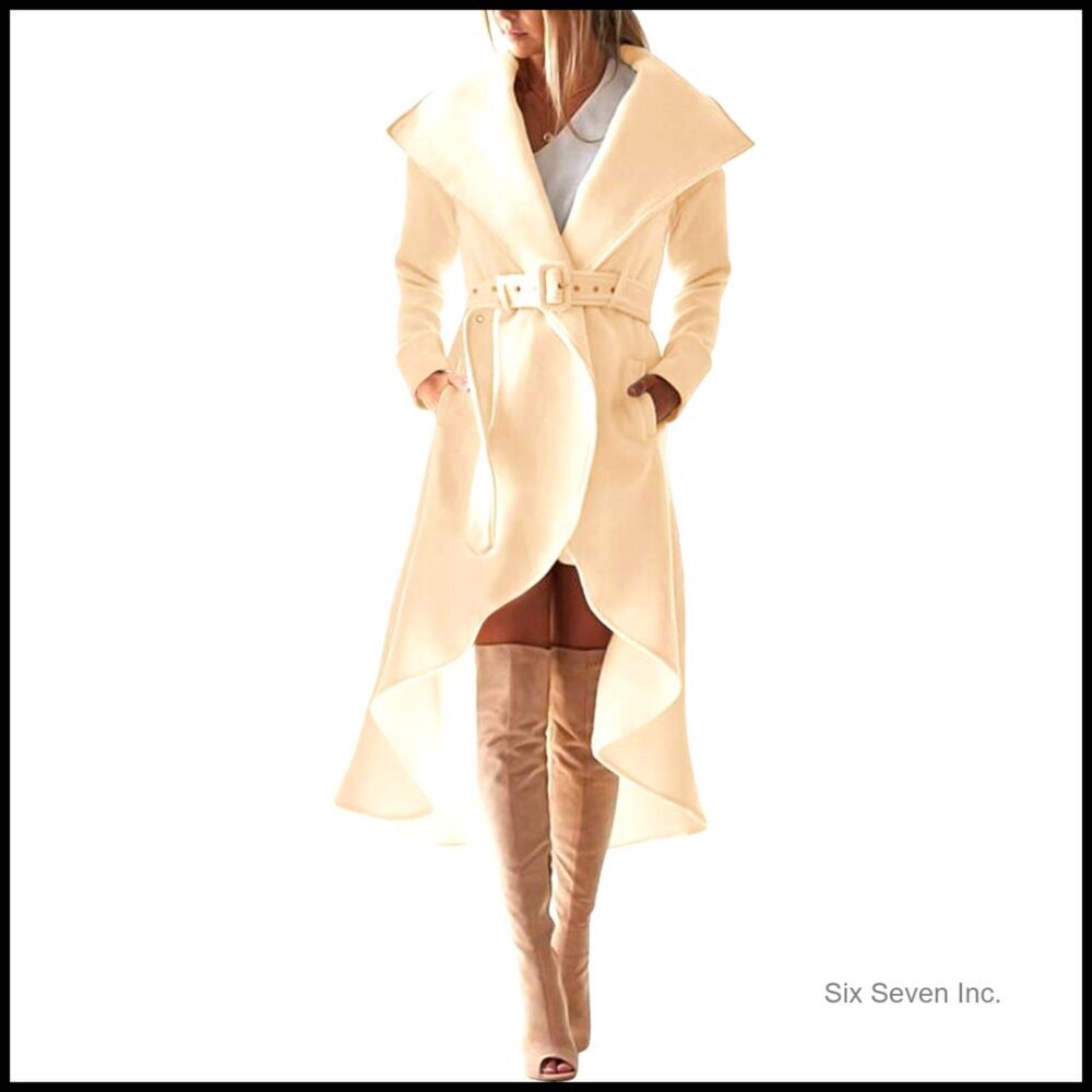 Winter Wool Trench Coat with Belt, Large Collar, High Low Hem